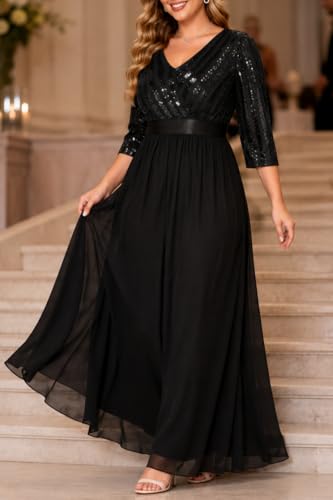 Image of Womens Plus Size Formal Dresses - V Neck 3 /4 Sleeve Sequin Prom Evening Gowns Long Maxi Dres