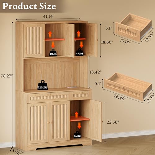 Image of BORNOON Pantry Cabinet with Charging Station and Light, Tall Kitchen Pantry Storage Cabinet with Microwave Stand, Wide Fluted Kitchen Hutch with Storage Drawers and Adjustable Shelves for Dining Room