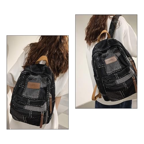 Denim Backpack for Women, Y2K Grunge Aesthetic Canvas Daypack, Stylish Durable Jean Backpack, Vintage Rucksack for Travel Casual Use (Black)2