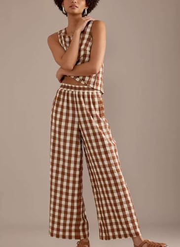 utcoco Womens 2 Piece Outfits Retro Plaid Tank Tops Gingham Wide Leg Pants Lounge Set 2025 Summer Tracksuit2