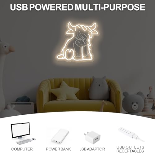 Image of Cute Highland Cow Sitting Neon Sign, Baby Cow Sign, Cute Kid Room Decor, Farmhouse Decor, Gift for Kids, 13 inchx13 inch