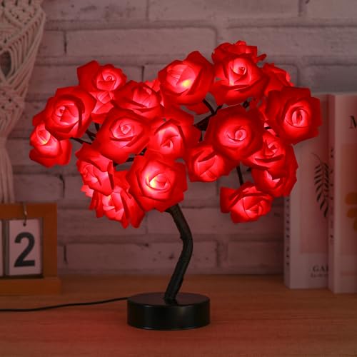 Drawelry Rose Flower Tree Lamp - LED Rose Tree Table Lamp USB/Battery Powered Artificial Bonsai Flower Night Light for Bedroom Living Room Party Wedding Valentines Mothers Day Decor (Red)