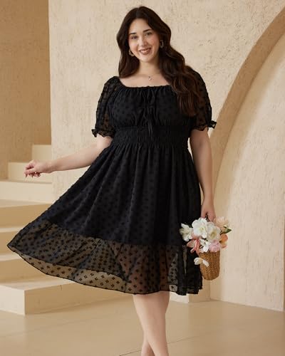 2025 Women Summer Plus Size Dresses Swiss Dot Puff Sleeve Square Neck Smocked Beach Vacation Flowy Tiered Dress4