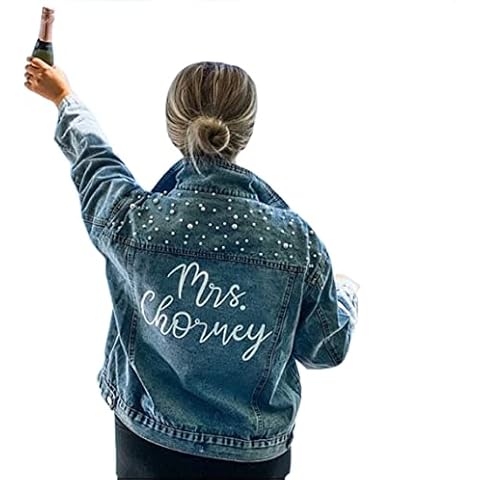 Watchify Custom Pearl Denim Jacket Mrs. bride Babe Bridesmaid Just Married Wedding Gift (Blue Customization contact seller, M UK10-12) Cover