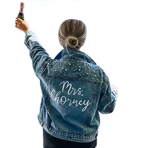 Watchify Personalisierte Damen-Jeansjacke mit Perlen und Perlen, für die Hochzeit, für Ehefrauen, personalisierbar Cover