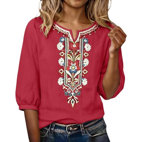 T-shirt brodé femme respirant et léger haut d'été aspect lin