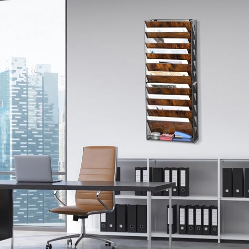 TQVAI 10 Compartimentos Metal Madera Revistero Pared Documentos Organizador Papeles A4 Colgante Oficina Archivador de Organizador Herramientas Pared, Negro/Antiguo - imagen 8