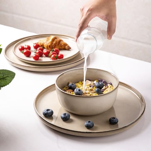 GBHOME Ceramic Dinnerware Sets for 4, 12 Pieces Stoneware Plates and Bowls Sets, Chip and Scratch Resistant Dishes, Dishwasher & Microwave Safe, Reactive Glaze-Cappuccino - Thumbnail 4