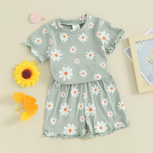 Image of Ayalinggo Baby Girl Summer Outfits Short Sleeve Lettuce Trim Floral Tops + Shorts Set Infant Clothes