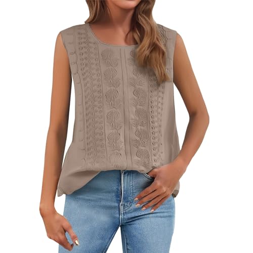 Camiseta de tirantes para mujer, elegante y corto, para mujer, holgada, camiseta de tirantes vintage Tank Top bordada, camiseta sin mangas, de algodón y lino, camiseta ligera M-XXXXL, marrón