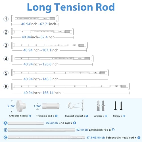 Image of 2Pack Long Tension Rod 41-166inch White Tension Curtain Rods no Drilling