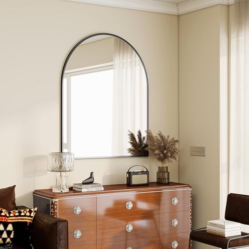 Image of BEAUTYPEAK 36 inchx48 inch Arch Bathroom Mirror, Wall Mounted Vanity Metal Frame Mirror for Bedroom, Entryway, Living Room, Black