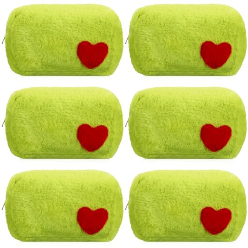 6 Pcs Christmas Fuzzy Green Makeup Bags for Women Plush Green Cartoon Character Cosmetic Pouch with Red Heart and Zipper Cute Travel Toiletry Bag for Christmas Halloween Funny Gifts
