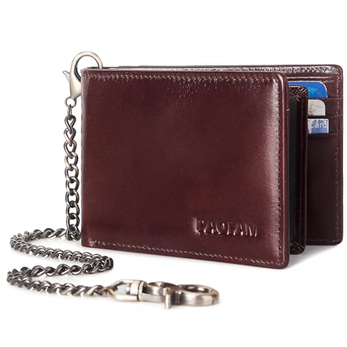 Chain Wallets for Men, Genuine Leather Purse RFID Blocking Bifold Wallet with Wallet Chain, Pickpocket Proof Slim Chain Wallet for Men (Coffee)