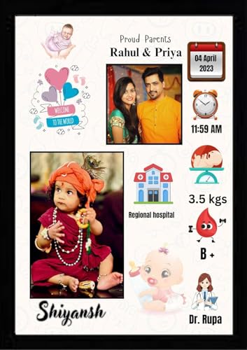 Image of Personalized Baby Birth Announcement Photo Frame, Marble Design with Birth Details and Parents Photo, A4 Size Black, 2 Photo(s), 10 X 13 Send photos WP -8905457154, Order id, Birth Memory Photo Frame (1, Yellow 3)