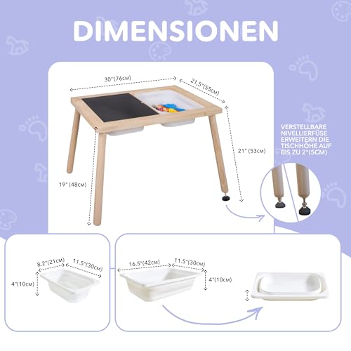 Cateam Kindertisch mit umkehrbarer Tischplatte, Spieltisch aus Kiefernholz mit 3 Faltbare Aufbewahrungsbehälter für Kinder ab 3 Jahren –Pädagogische Holzpuzzleeinsätze – Spielsand-Aktivitätstisch