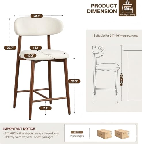 Image of AQO Counter Height Bar Stools Set of 4, Upholstered Counter Stools Modern Barstools with Metal Legs for Kitchen Island Dining Room, Walnut