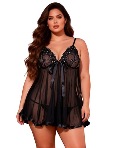 ohyeahlady Camisón Mujer de Encaje Talla Grande Picardias Elegante Pijama Sin Mangas Picardía Mujer Vestido Lencería Negligee Ropa Interior Vestidos Lencería Ropa para Dormir y Braguita(Negro,XXL)