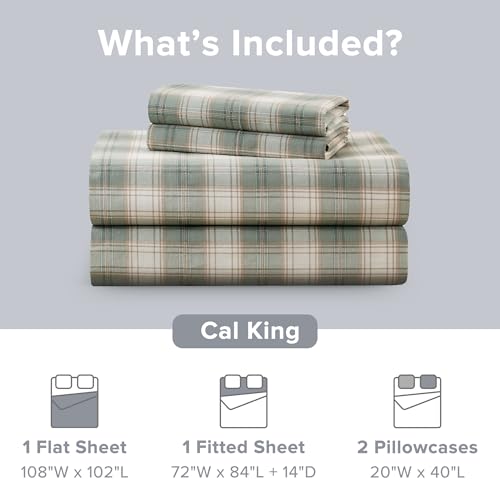 Comfort Spaces 100% Cotton Sheets Cal King, Breathable, Naturally Cool Cotton Sheets, Cotton Bed Sheets with 14" Elastic Pocket Fits up to 16" Mattress, All Seasons Sheet Set, Wesley Green 4 Piece