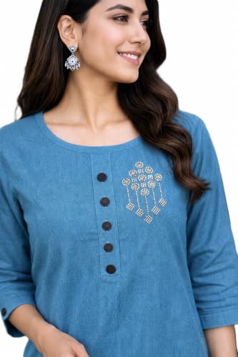 Image of Women's Embellished Khadi Cotton Kurti | Ethnic Straight Kurta Top | Breathable Casual Regular Fit