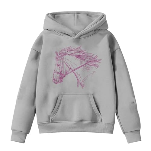 Sweat à capuche fille motif équestre gris vêtement enfant confortable 6-7 ans
