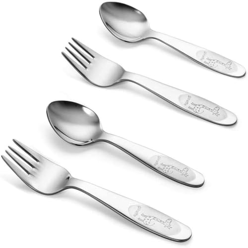 Image of Toddler Forks Spoons, 18/10 Stainless Steel Self-Feeding, Dishwasher Safe | SUS304 18/10 Stainless Steel, Smooth Rounded Edges, Laser-Engraved Giraffe, For Babies 1+ Year Old