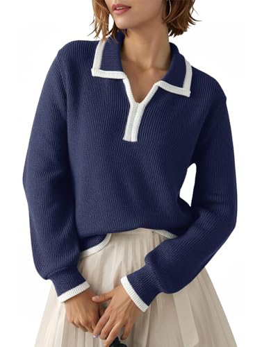 Image of Dokotoo Sweaters for Women Fashion Long Sleeve Lapel Collar V Neck Casual Knit Color Block Pullover Sweater Jumpers Tops