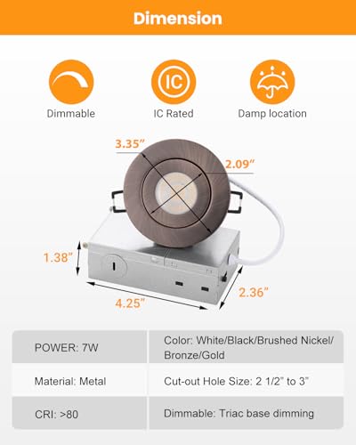 Image of 3 inch LED Recessed Light - 7W Gimbal Canless Oil-Rubbed Bronze Soffit Intertek Lighting,Dimmable Eyeball Fixture ,360 Adjustable Ceiling Spotlight for Bedroom, Wall Art, Accent Lighting 6Pack BZ
