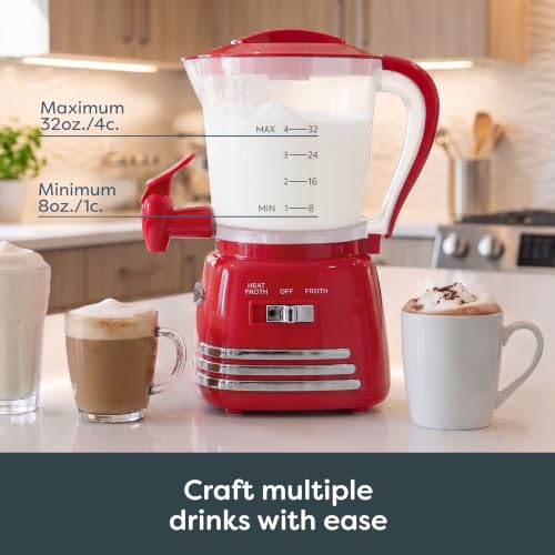 Image of Nostalgia Retro Hot Chocolate Maker & Milk Frother - 4-Cup Capacity, Heat & Froth Setting - For Cappuccinos, Lattes, Cold Drinks - Two-Way Dripless Spout