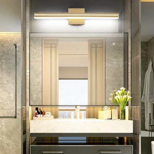 Image of SineRise LED Modern Bathroom Vanity Light Fixtures (24-Inch, 3000K /4000K /6000K, Dimmable), Gold Modern Acrylic Bathroom Wall Lighting Fixtures Over Mirror