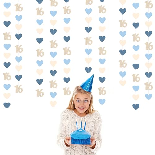 Image of Champagne Gold Blue 16th Birthday Decorations Champagne Gold Dusty Blue Heart Garland Streamer Banner Backdrop for Girls Happy 16th Birthday Sweet 16 Decorations Cheers to 16 Years Old Party Supplies