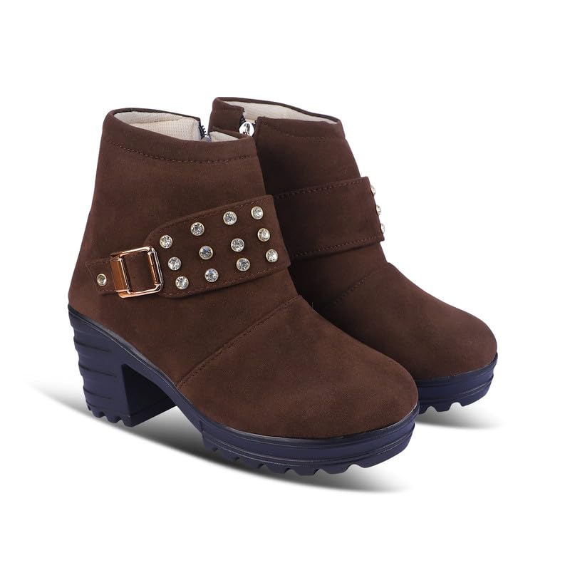 MUKUNDA FOOTWEAR Stylish Suede Ankle Boots with Studded Belt and Block Heels (B0DGGRB5GD) Amazon Price History, Amazon Price Tracker