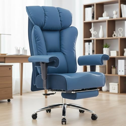 Image of Efomao Big and Tall Office Chair 400lbs - Heavy Duty Executive Desk Chair with Foot Rest & 23 inch Wide Seat - High Back Ergonomic Leather Computer Chair for Heavy People, Home Office, Blue