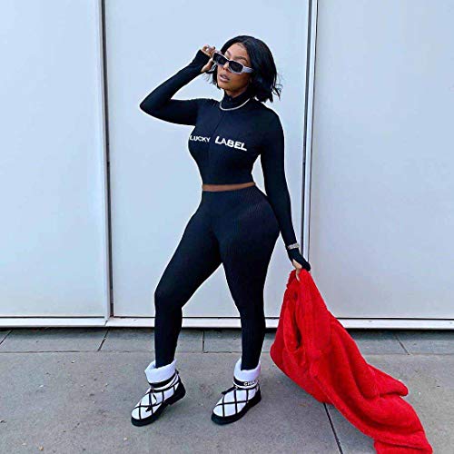 2 Piece Outfits for Women - Casual Two Pc Long Sleeve Crop Top + Skinny Jogger Pants Sweatpants Sets Sweatsuits Tracksuits Jumpsuits Clubwear Black Large - Thumbnail 5