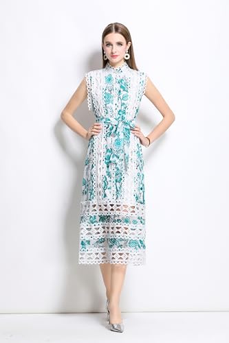 Image of LAI MENG FIVE CATS Women's Sleeveless Hollow Out Lace Button Up Casual Midi Party Dress with Belt