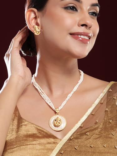 Image of Rubans Womens 24K Gold-Plated Divine Ganesh Motif White Pearl Studded & Beaded Multistrand Necklace Set