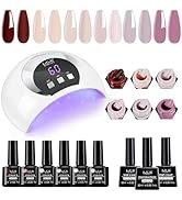 LKE Neutral Gel Nail Polish Kit with U V Light 54W Nail Lamp 6 Colors Nude Pink Brown Soak Off Ge...