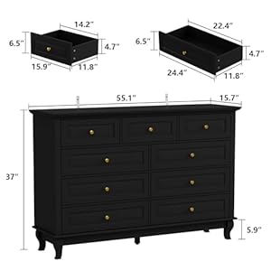Ecacad tall 9 drawer double dresser with carved drawer fronts solid legs 551 l black modern wood storage chest of drawers for bedroom living room fitting room  urban country home decor