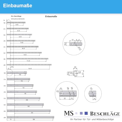 MS Beschläge Teilauszug Schubladenauszug Teleskopauszug 17mm Auszugsschiene 1 Paar Schubkastenschienen für Nutmontage (406mm)