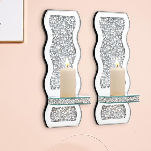 Aeveco Crystal Crush Diamond Mirrored Candle Sconces, Silver Wall Candle Holder Set of 2, Wall Decorations for Living Room，Dining Room (Wave)