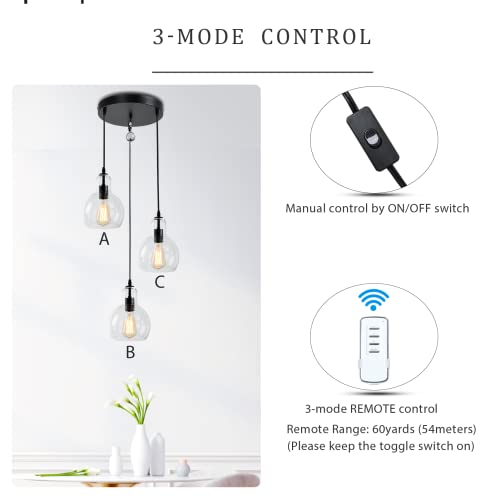 Hmvpl Plug In Glass Pendant Light Fixture Remote Control 3-Lights Chandelier With 16 Ft Hanging Cord And On/Off Toggle Switch, Rustic Hanging Lamp For Living Room Dining Room Kitchen Island Hallway #TOP6