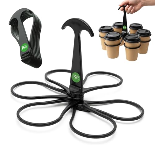 Image of We Can Source It Ltd - 6 Cup Carry Tray Holder in Heavy Duty Polypropylene Plastic – Drink Carrier for Coffee Cups, Paper Cups, Pints & PET Bottles – Black Takeaway Tray for Cafes, Events & Catering