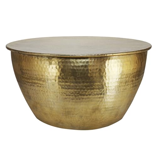 WOMO-DESIGN Couchtisch rund Ø 59x30,5cm, Gold, Drum, Unikat, handgefertigt aus Aluminium, Hammerschlag Design, Metall Sofatisch, Wohnzimmer Beistelltisch, Flacher Wohnzimmertisch Orient Loungetisch