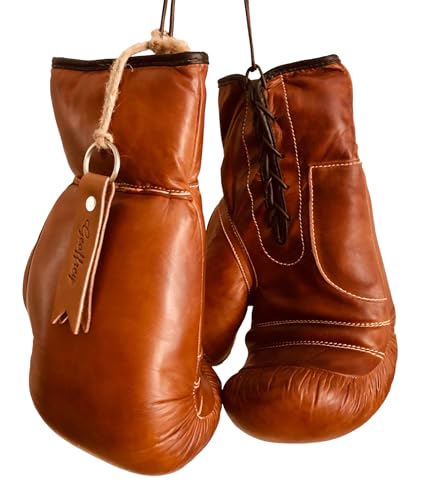 Geoffrey TAN Leather Vintage Boxing Gloves with Leather Laces | 12oz | Retro (Tan), Large