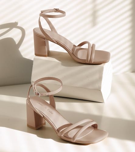 Image of Shoe'N Tale Strappy Heels for Women Square Toe Chunky Block Heels Ankle Buckle Heeled Sandals