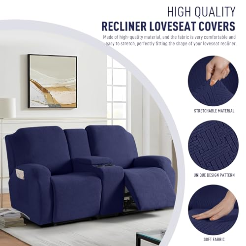 Image of KinCam Loveseat Recliner Covers with Middle Console Slipcover, Recliner Sofa Covers 2 Seat Couch Cover Stripe Jacquard Furniture Protector Covers with Elastic Bottom for Kids, Pets (Dark Blue)
