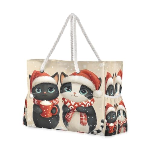 Large Beach Bags Totes Canvas Tote Shoulder Bag Cat Christmas Water Resistant Bags for Gym Travel Daily