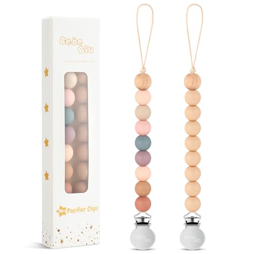 Image of BebeBiu 2 Pack Pacifier Clips, Silicone Pacifier Clip for Baby Boys and Girls, Baby Pacifier Strap with Silicone Beads, Soother Dummy Holder, Pacifier Holder, Keeps Pacifier Clean (Blossom/Apricot)