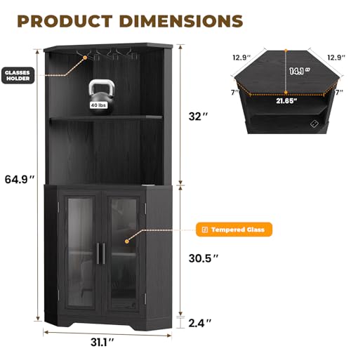 BROTTAR Corner Wine Bar Cabinet with LED Lights, 65\" Tall Liquor Coffee Bar Cabinet with Glasses Holder & Tempered Glass Door, Alcohol Storage Hutch with Human Body Sensor for Dining Room, Black - Thumbnail 2