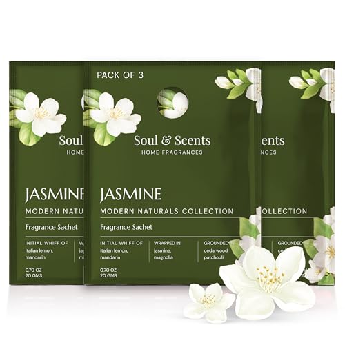 Image of Soul & Scents Jasmine Serenity Fragrance Sachet | Essence of Orris and Patchouli | Versatile Air Freshener for Car, Wardrobe, Kitchen, and Travel Bag | Pack of 3-20gm Each